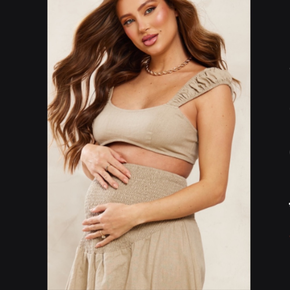 Pretty Little Thing Maternity Stone Linen-look Crop Top & Skirt - Picture 4 of 5